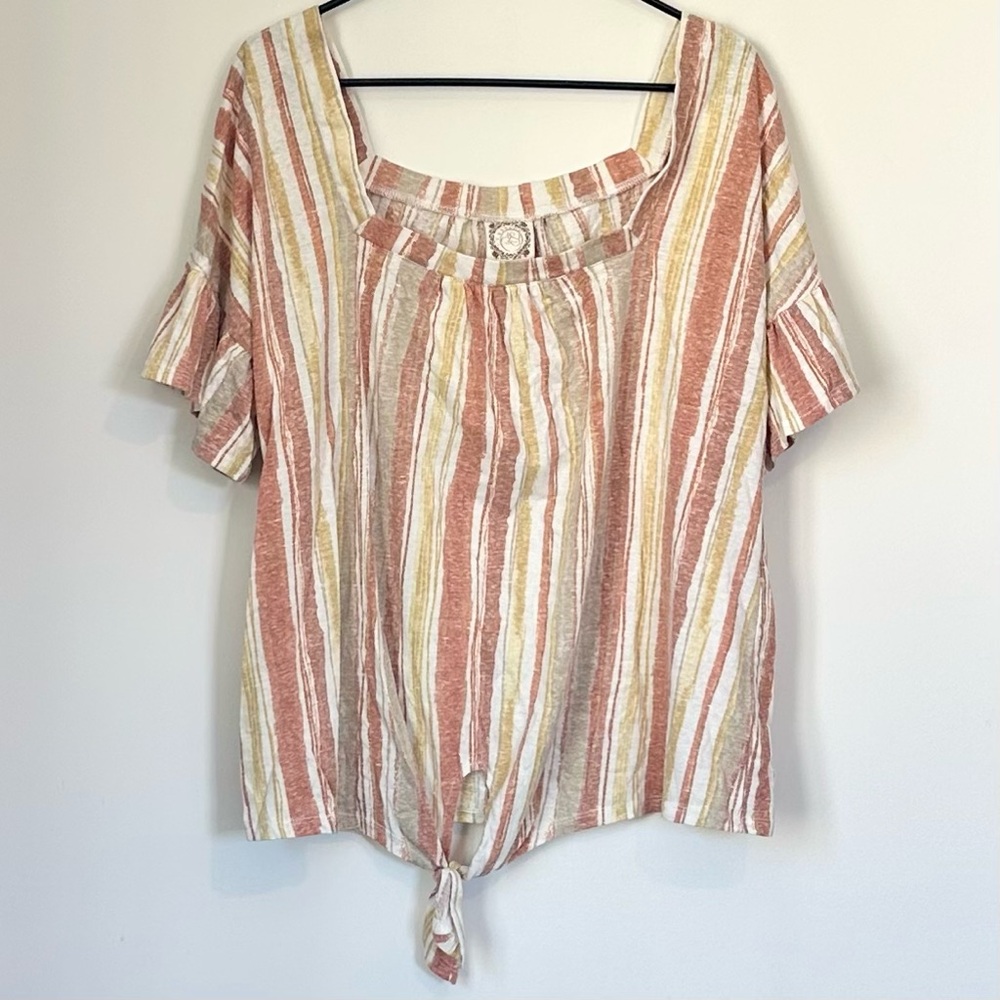 Truself Pink and Cream Striped Front Tie Flutter Sleeve Blouse - Size: 2X